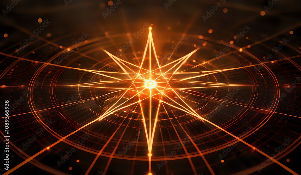 Obraz premium A holographic nautical compass on top of glowing lines representing network communication with sparkles of light in orange and yellow tones