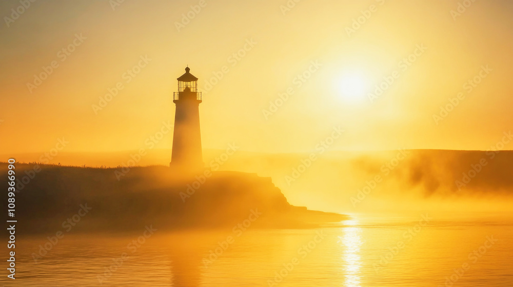 Lighthouse silhouette stands on misty shore at dawn with golden light breaking through haze Lighthouse silhouette stands on misty shore at dawn with golden light breaking through haze