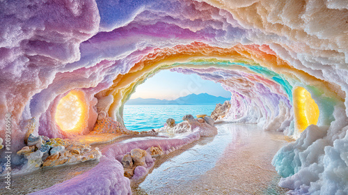 Salt cave, grotto with multi-colored mineral deposits near the sea photo