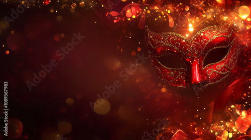 Elegant red carnival mask adorned with glitter, festive decoration on vibrant background, celebration theme, copy space. Vibrant Carnival Lights. Illustration