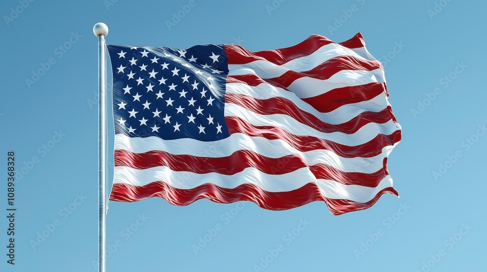 Waving national flag with stars and stripes pattern on a flagpole against a clear blue sky background Waving national flag with stars and stripes pattern on a flagpole against a clear blue sky background