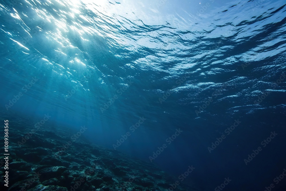 Dark blue ocean surface viewed from an angle with sunlight filtering down through the water, sunlight filter, ocean surface from below Dark blue ocean surface viewed from an angle with sunlight filtering down through the water, sunlight filter, ocean surface from below