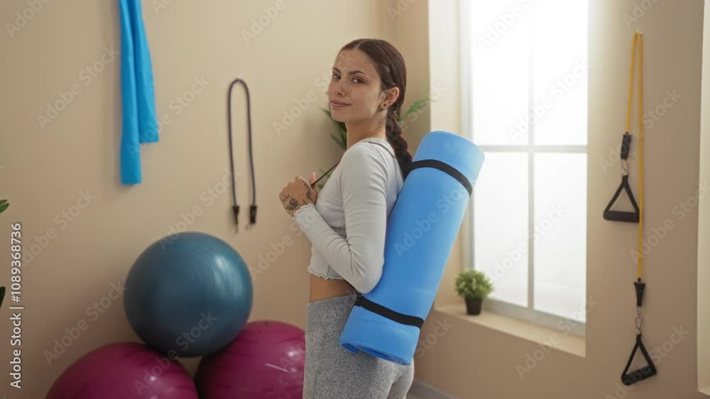 Young woman brunette in gym holding blue yoga mat wearing sportswear in an indoor fitness center with exercise balls and workout equipment in the background