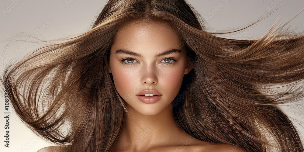 Beautiful woman with long flowing hair and striking features in studio light Beautiful woman with long flowing hair and striking features in studio light