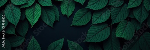 Dark green leaf patterns with intricate veins on a dark blue background, natural elements, dark blue background