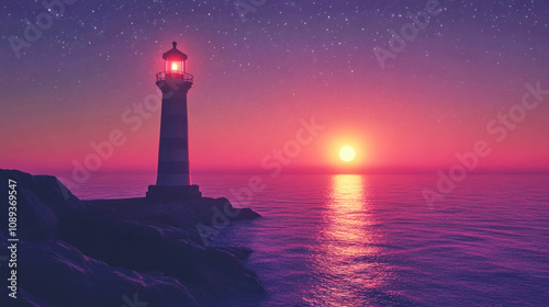 Silhouette of a lighthouse at twilight under a starry sky illuminating the ocean shore