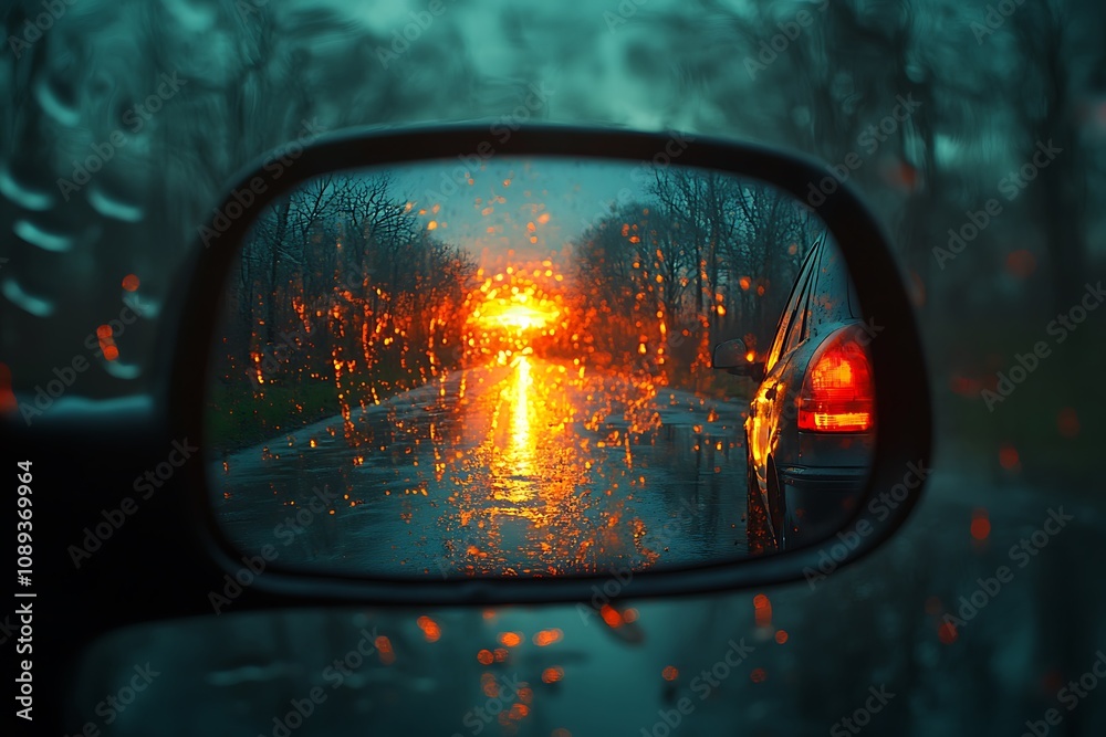 Rain water on the car window, disturbing to see the side mirrors, blurred background.
Rain water on the car window, disturbing to see the side mirrors, blurred background.