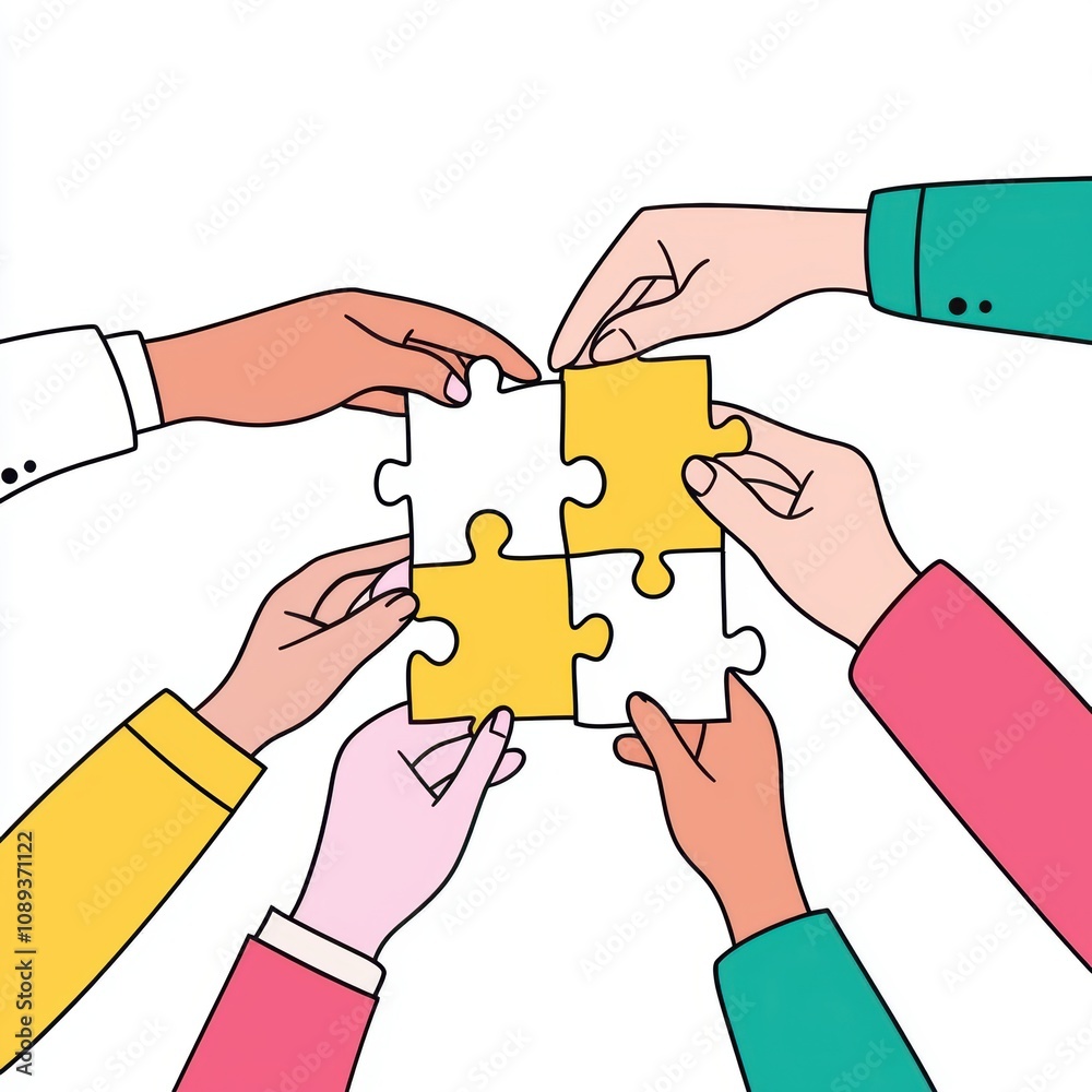 Hands of diverse professionals fitting puzzle pieces together teamwork and collaboration symbolized in a modern workplace environment Hands of diverse professionals fitting puzzle pieces together teamwork and collaboration symbolized in a modern workplace environment