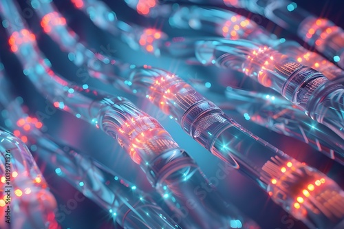 High-resolution 3D render of a bundle of network cables actively transmitting data, captured in high definition. photo