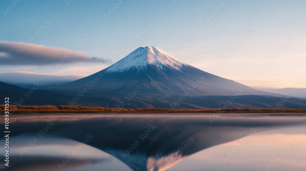 serene mountain landscape reflecting in calm waters at sunrise serene mountain landscape reflecting in calm waters at sunrise