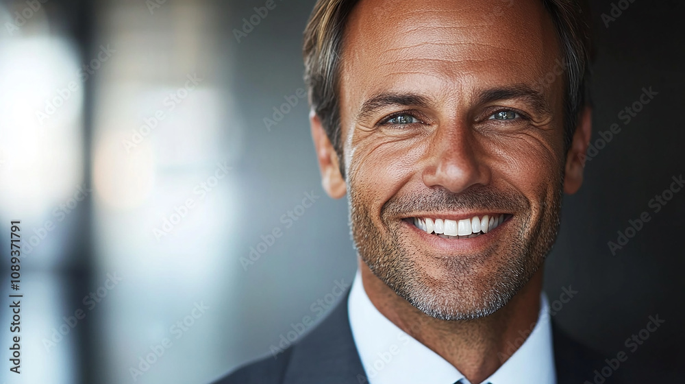 A confident businessman smiles warmly while looking directly at the camera, exuding professionalism. A confident businessman smiles warmly while looking directly at the camera, exuding professionalism.