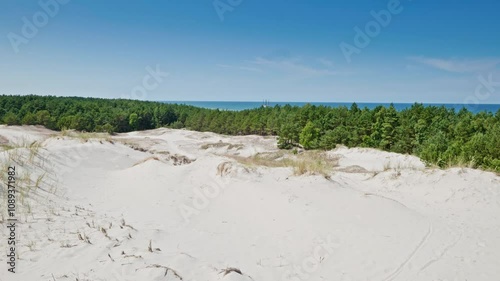 Beautiful Lubatów dunes. View from the observation deck towards the dunes and the Baltic Sea. Viewpoint.
Lubiatowo, Poland