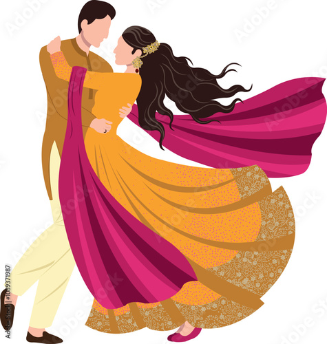 indian or hindu bride and groom couple illustration for wedding haldi mehndi ceremony and wedding invitation cards