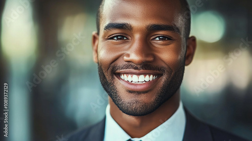 A confident businessman smiles warmly while looking directly at the camera, exuding professionalism.