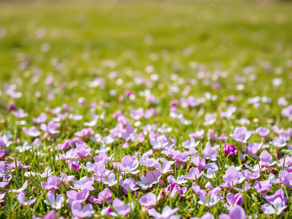 Delicate purple flower petals scattered on a soft grassy field under a sunny sky, blooming flowers, grass, garden Delicate purple flower petals scattered on a soft grassy field under a sunny sky, blooming flowers, grass, garden