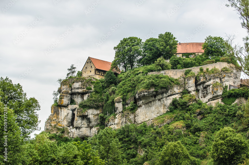 Fototapeta premium Historische Fachwerkgebäude einer Burg an steil abfallendem Felsmassiv mit Bäumen und Sträuchern vor bewölktem Himmel