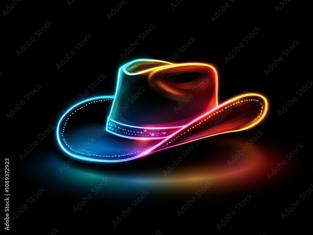 Neon Cowboy Hat: Vibrant, colorful cowboy hat glowing with neon lights against a dark background. Perfect for country music, western themes, or fashion designs.