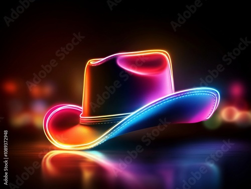 Neon Cowboy Hat: A vibrant, colorful cowboy hat glows with neon lights against a dark, blurred background.  The hat's reflective surface and bright colors create a dynamic and eye-catching image.