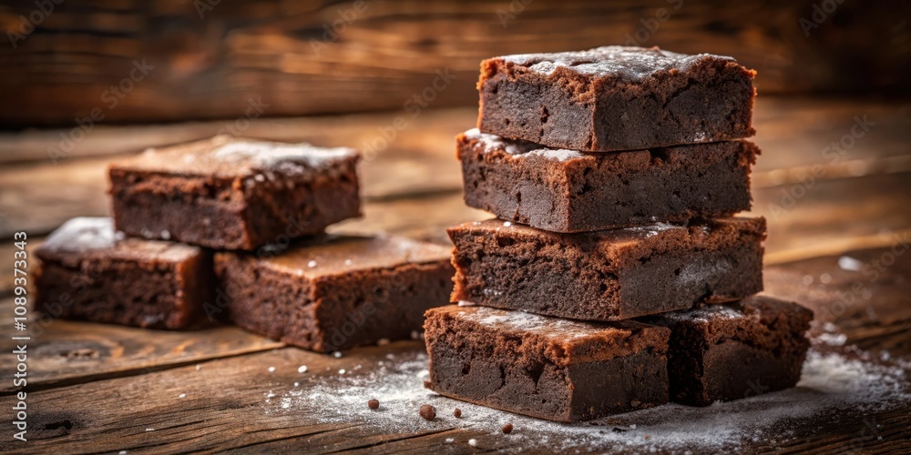 A stack of freshly baked brownies dusted with powdered sugar on a rustic wooden table A stack of freshly baked brownies dusted with powdered sugar on a rustic wooden table