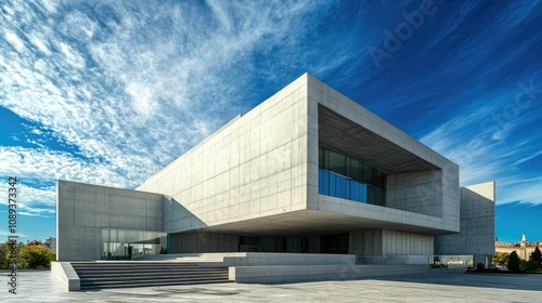 Angular concrete building with minimalist design against a bright blue sky, perfect for modern and architectural visuals.