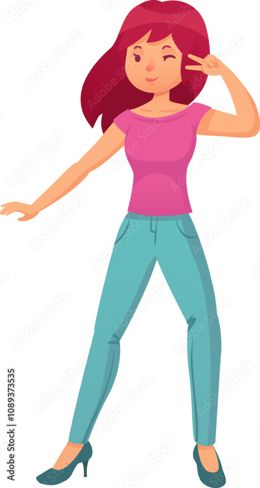 Vibrant illustration of a cheerful woman with pink hair winking and showing the peace sign, radiating confidence and playfulness on a white background Vibrant illustration of a cheerful woman with pink hair winking and showing the peace sign, radiating confidence and playfulness on a white background