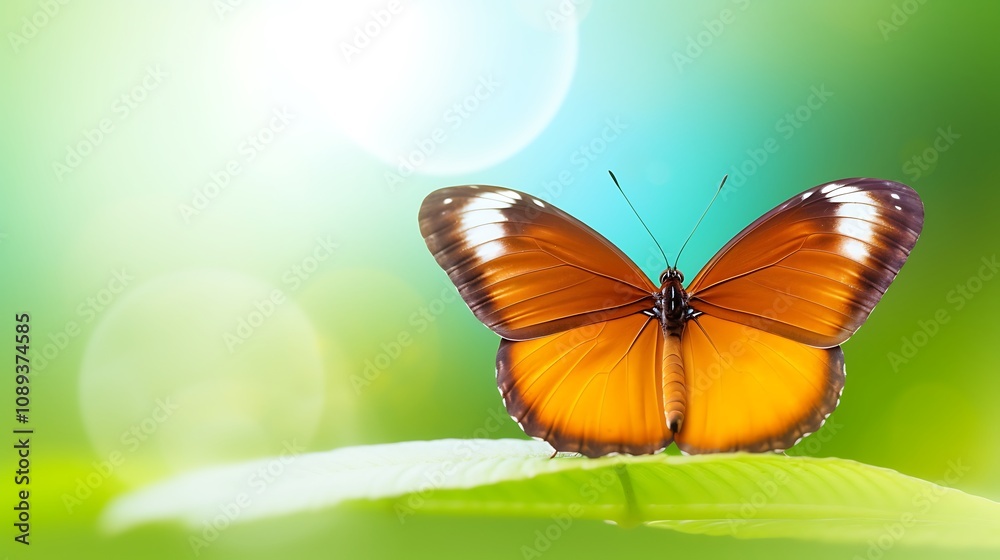Orange Butterfly Resting on a Green Leaf Orange Butterfly Resting on a Green Leaf