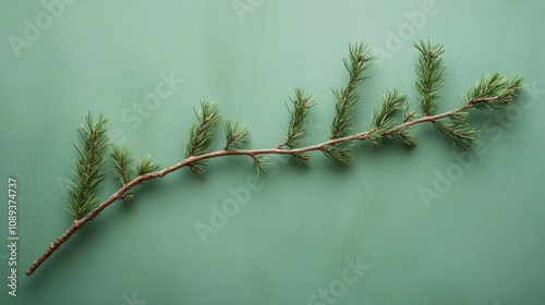 Green pine branch rests on a smooth turquoise surface in bright light photo