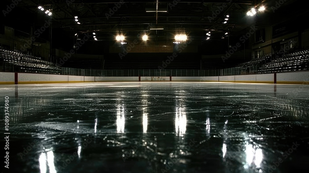 An empty rink with clear, fresh ice reflecting arena lights and darkened bleachers, awaiting players. An empty rink with clear, fresh ice reflecting arena lights and darkened bleachers, awaiting players.