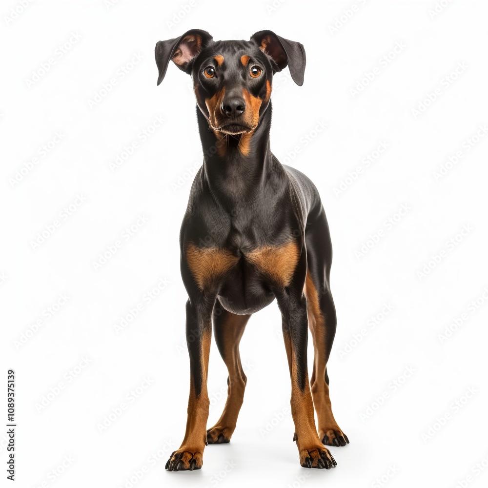 A doberman pinscher stands proudly in front of a plain white background A doberman pinscher stands proudly in front of a plain white background