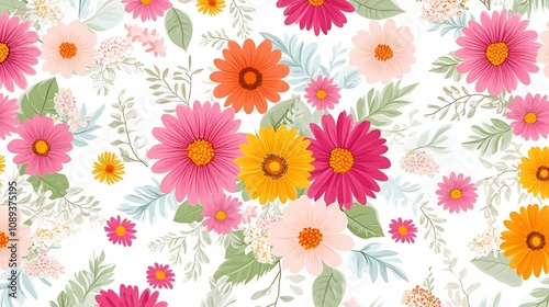 Vibrant Tropical Flower Pattern with Doodle Style Elements for Summer Inspired Design