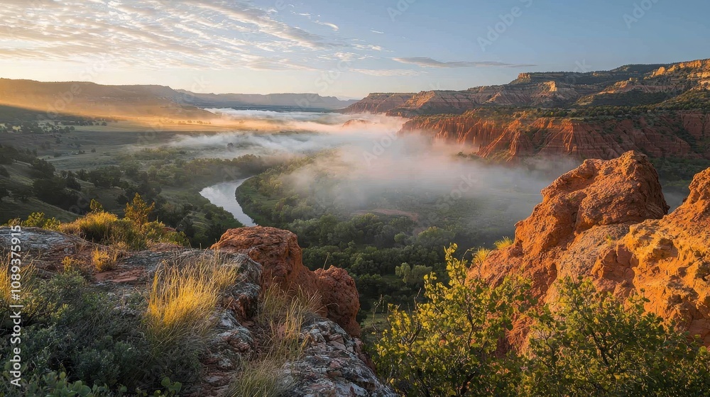 A peaceful canyon lit by the golden light of a rising sun, with steep red rock walls and a winding river below. The soft mist hanging in the air adds depth and mystery to the dramatic landscape. A peaceful canyon lit by the golden light of a rising sun, with steep red rock walls and a winding river below. The soft mist hanging in the air adds depth and mystery to the dramatic landscape.