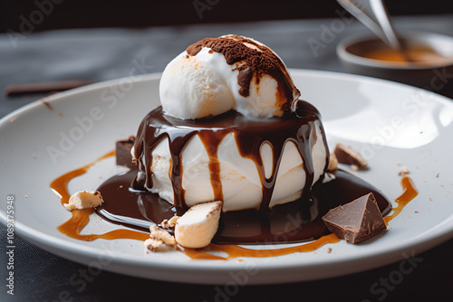 ,A single serving of chocolate cake topped with whipped cream and drizzled with chocolate sauce.



