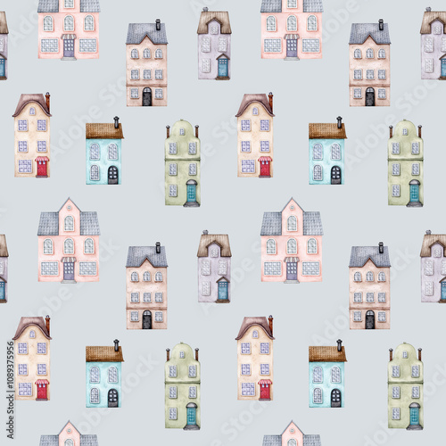 Seamless pattern with European houses on a gray background. City retro buildings with tile roof. Hand drawn illustration. Old town. Watercolor. Design for wallpaper, postcards, wrapping, stationery.