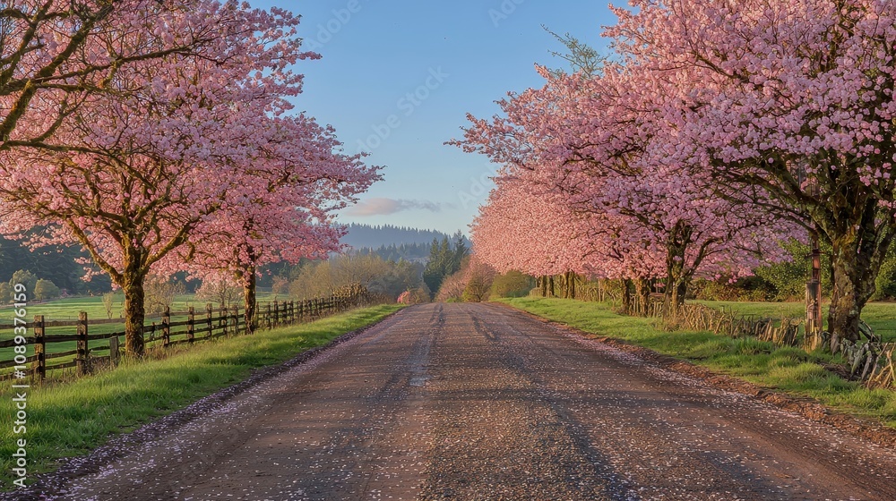A peaceful countryside road lined with blossoming cherry trees under a clear blue sky. The pink petals gently fall to the ground, carpeting the path in soft hues. The scene feels romantic and A peaceful countryside road lined with blossoming cherry trees under a clear blue sky. The pink petals gently fall to the ground, carpeting the path in soft hues. The scene feels romantic and