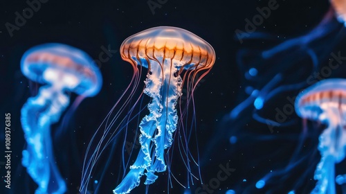 a group of jellyfish floating on top body of water in front black background with blue lights.