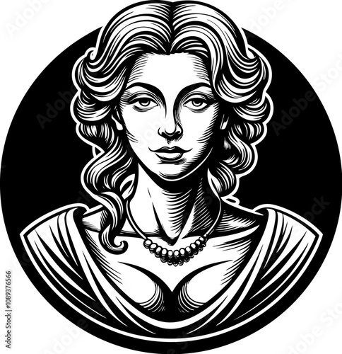 Classic woman bust avatar in engraving style. Black and white lady drawing, in vintage style