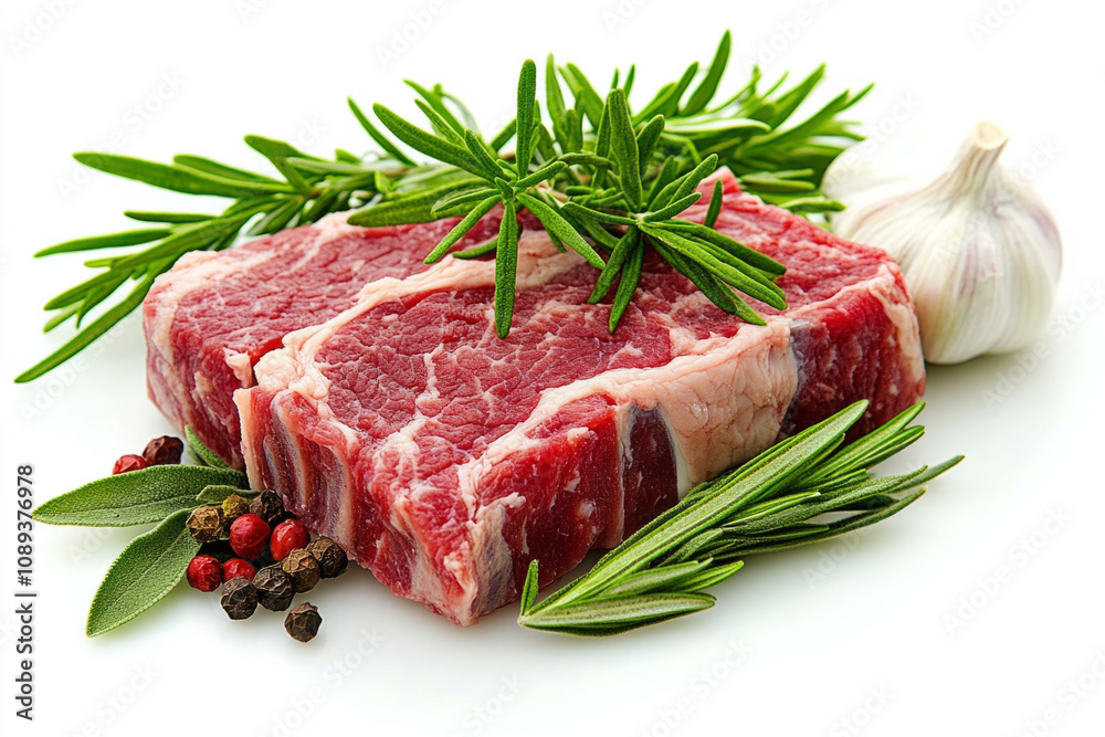 Fresh cut of meat surrounded by herbs and spices on a white background Fresh cut of meat surrounded by herbs and spices on a white background