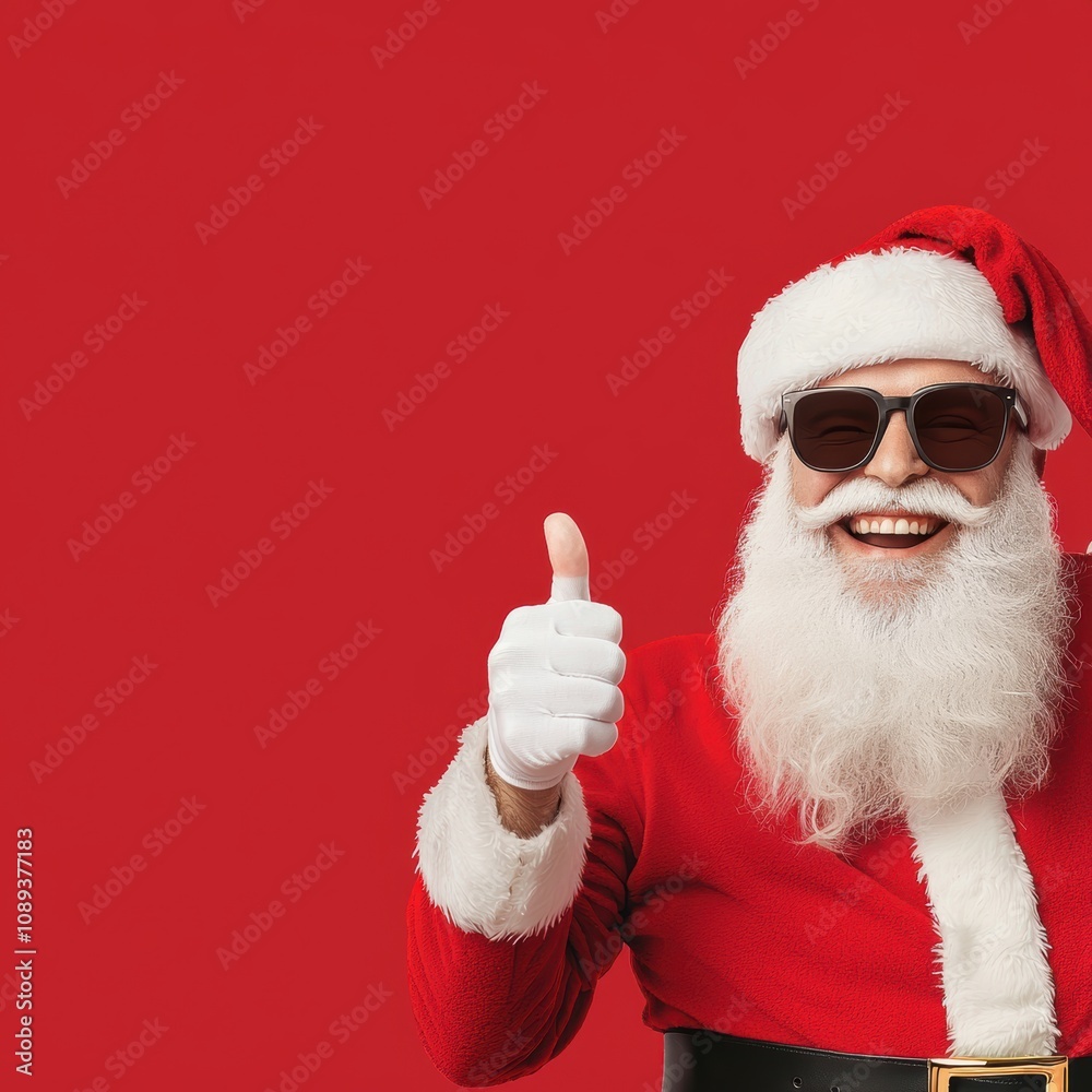 Cheerful Santa in trendy shades pointing with a smile and giving a thumbsup fun and festive vibes with vibrant red background Cheerful Santa in trendy shades pointing with a smile and giving a thumbsup fun and festive vibes with vibrant red background