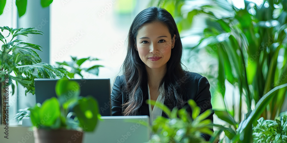 Asian woman in business attire, sitting at modern workstation with plants, laptop-free zone Asian woman in business attire, sitting at modern workstation with plants, laptop-free zone