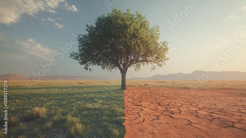 Tree Representing Climate Change: A Contrast of Life and Drought photo