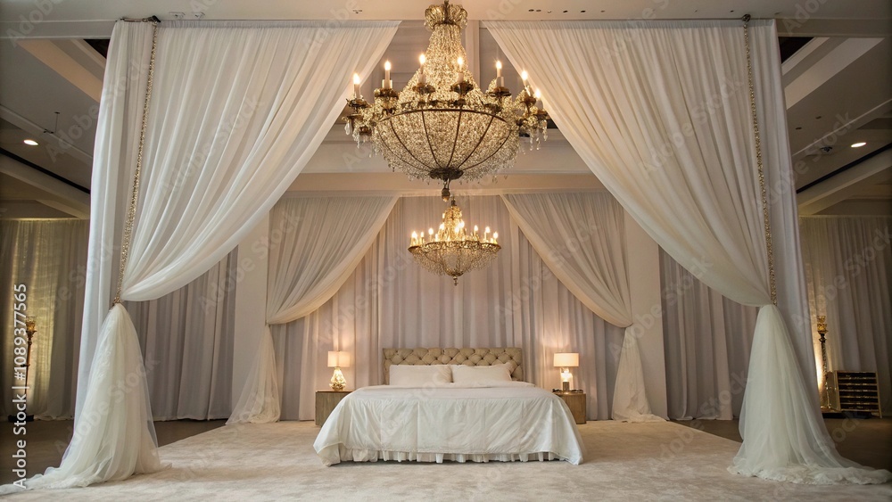Elegant chandelier above a plush bed with crisp white bedding and matching drapes, classic style, luxurious bedroom, plush bed, elegant decor Elegant chandelier above a plush bed with crisp white bedding and matching drapes, classic style, luxurious bedroom, plush bed, elegant decor