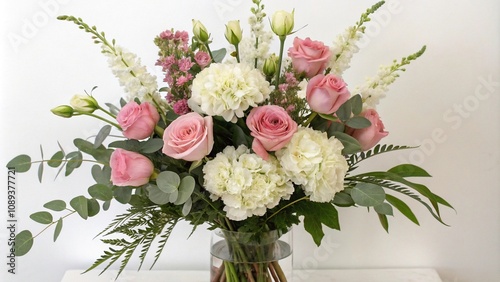 Fototapeta Naklejka Na Ścianę i Meble -  Elegant floral arrangement with long-stemmed roses peonies and hydrangeas, greenery, flower bouquet, foliage, spring flowers