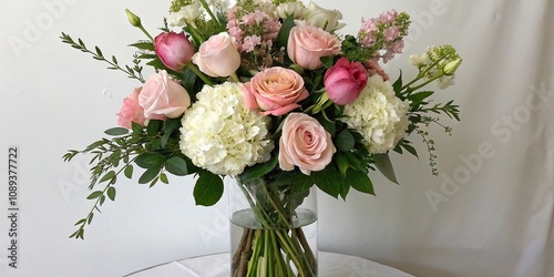 Fototapeta Naklejka Na Ścianę i Meble -  Elegant floral arrangement with long-stemmed roses peonies and hydrangeas, elegant wedding, greenery, roses