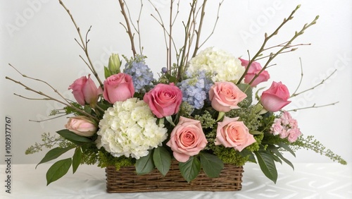 Fototapeta Naklejka Na Ścianę i Meble -  Elegant floral arrangement with long-stemmed roses peonies and hydrangeas, peonies, romantic wedding, hydrangeas
