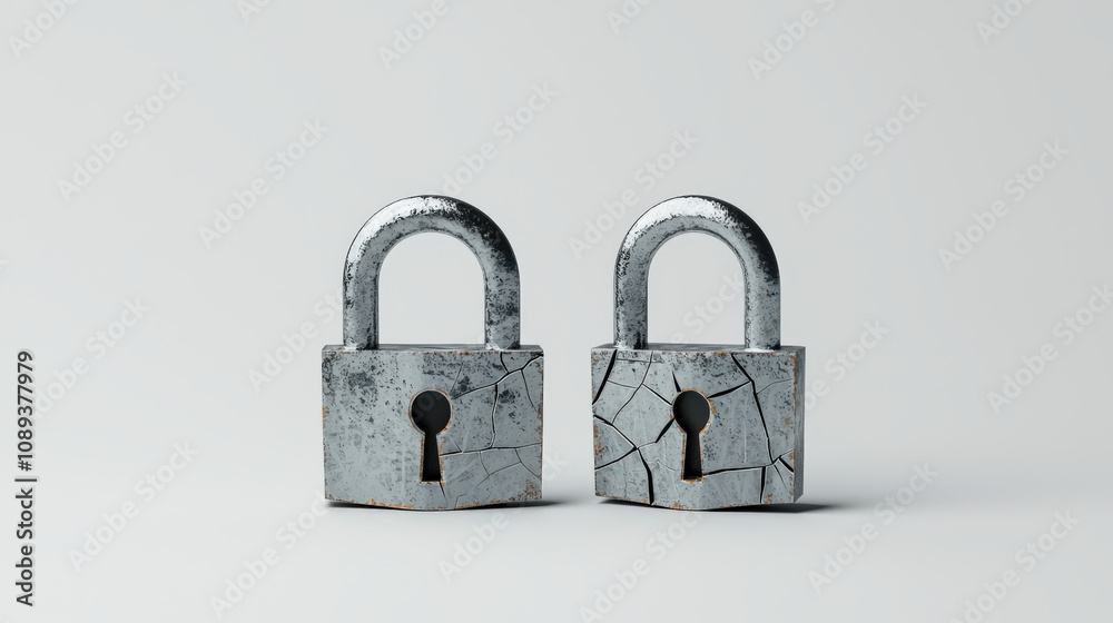 Naklejka premium 3D rendering of two padlocks on grey background, showcasing their cracked surfaces and metallic texture. image evokes sense of security and vulnerability