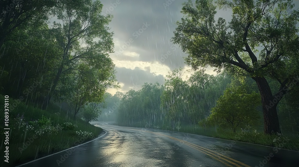 Fototapeta premium A Scenic Countryside Road at Dawn During a Rainstorm with Soft Light Filtering Through the Mist