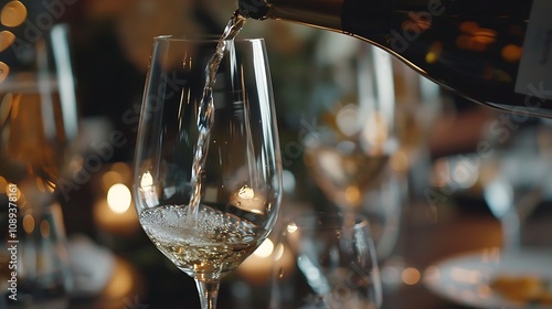 Wallpaper Mural A close-up of a wine glass being filled, surrounded by a festive dining setting with soft lighting. Torontodigital.ca