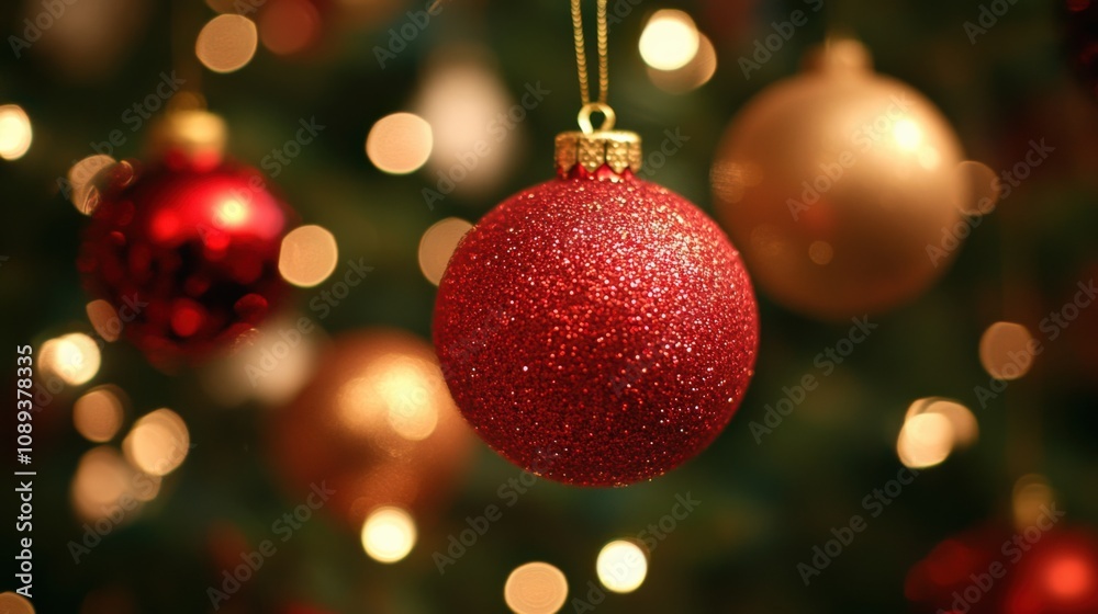 Festive Red Christmas Ornament with Sparkling Glitter and Bokeh Lights