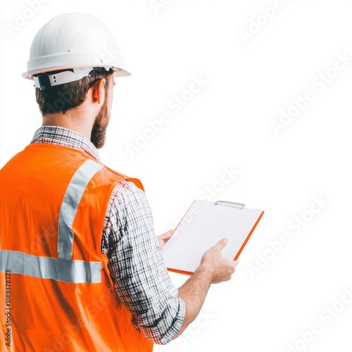 Engineer in a hard hat and highvisibility vest using digital tools to review a project modern architecture and bright outdoor setting photo