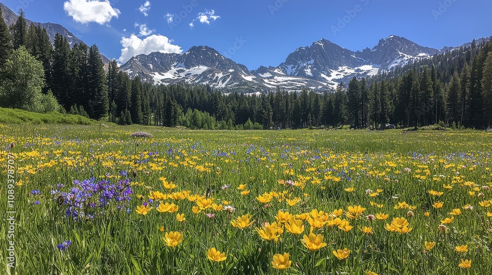 Obraz premium A serene alpine meadow dotted with wildflowers under a deep blue sky. Snow-capped mountains tower in the background, adding a majestic contrast to the vibrant foreground. The scene captures